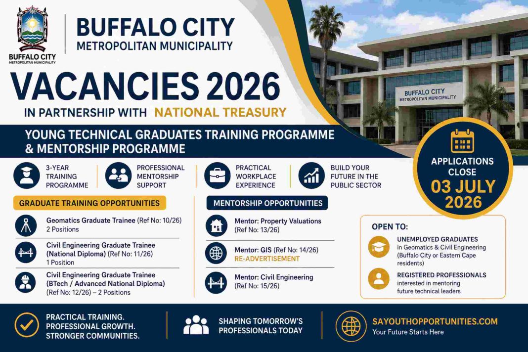 Buffalo City Metropolitan Municipality Graduate Training Programme and Mentorship Programme 2026 with Geomatics, Civil Engineering and mentor opportunities in the Eastern Cape.