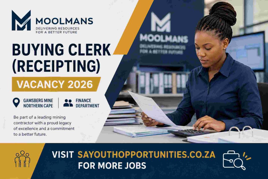Professional promotional image for the Buying Clerk (Receipting) vacancy at Moolmans Gamsberg Mine in the Northern Cape, South Africa.