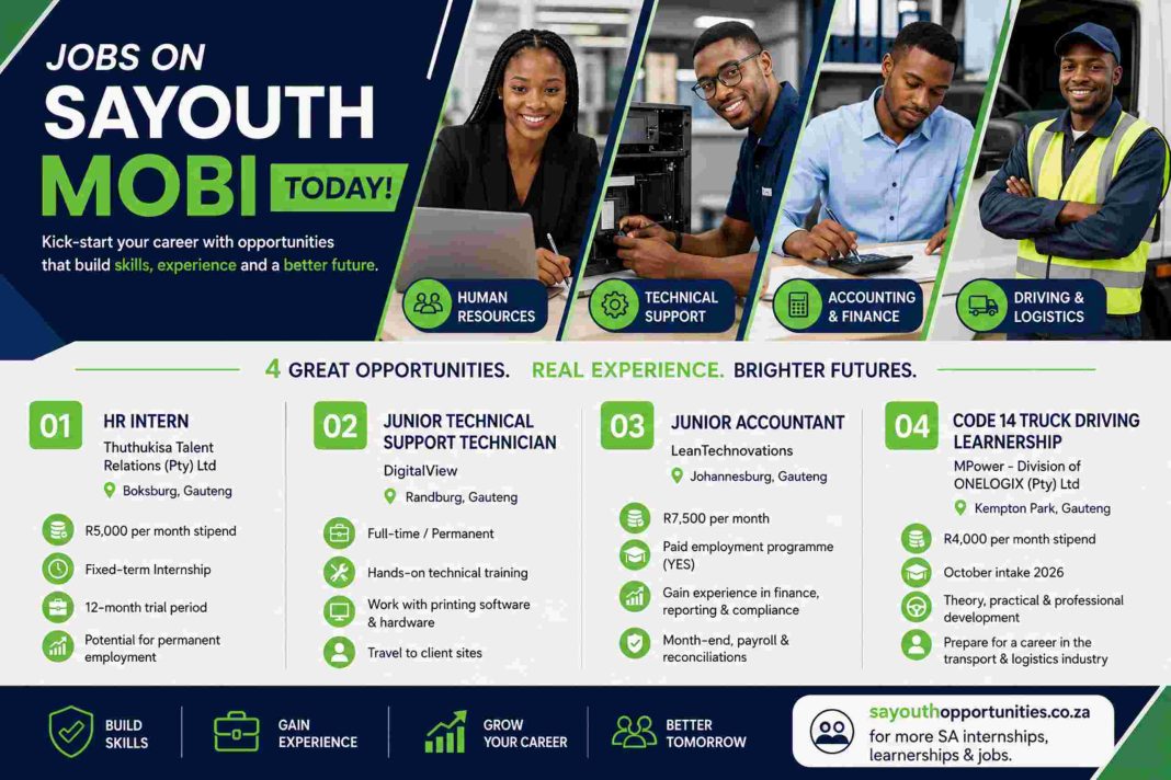 SAYouth.mobi jobs roundup featuring HR Intern, Junior Technical Support Technician, Junior Accountant, and Code 14 Truck Driving Learnership opportunities in Gauteng for 2026.
