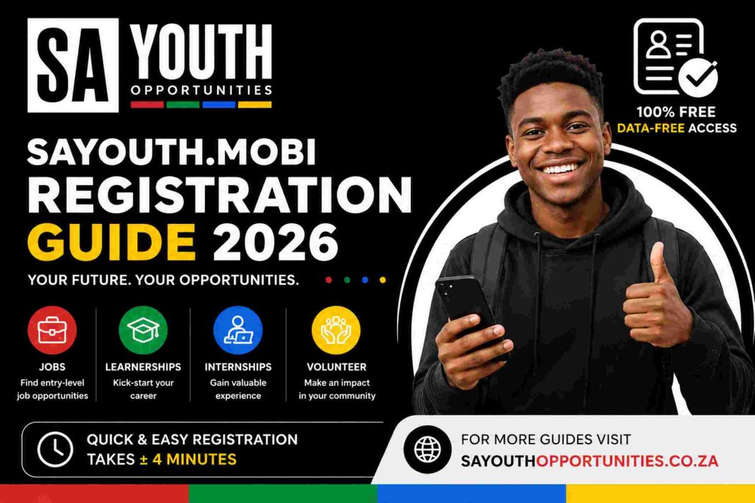 SAYouth.mobi Registration Guide 2026 showing free youth opportunities including jobs, internships, learnerships and volunteer programmes in South Africa.